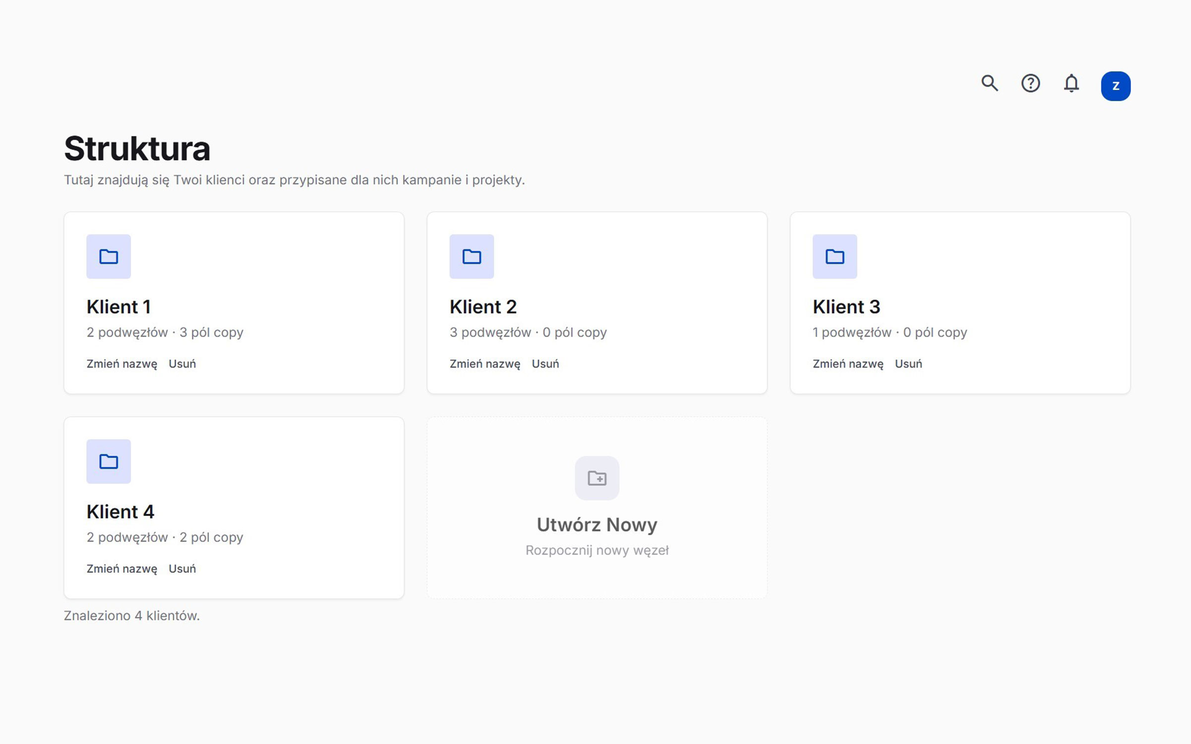 Klamra app — Structure view with client folders and copy fields