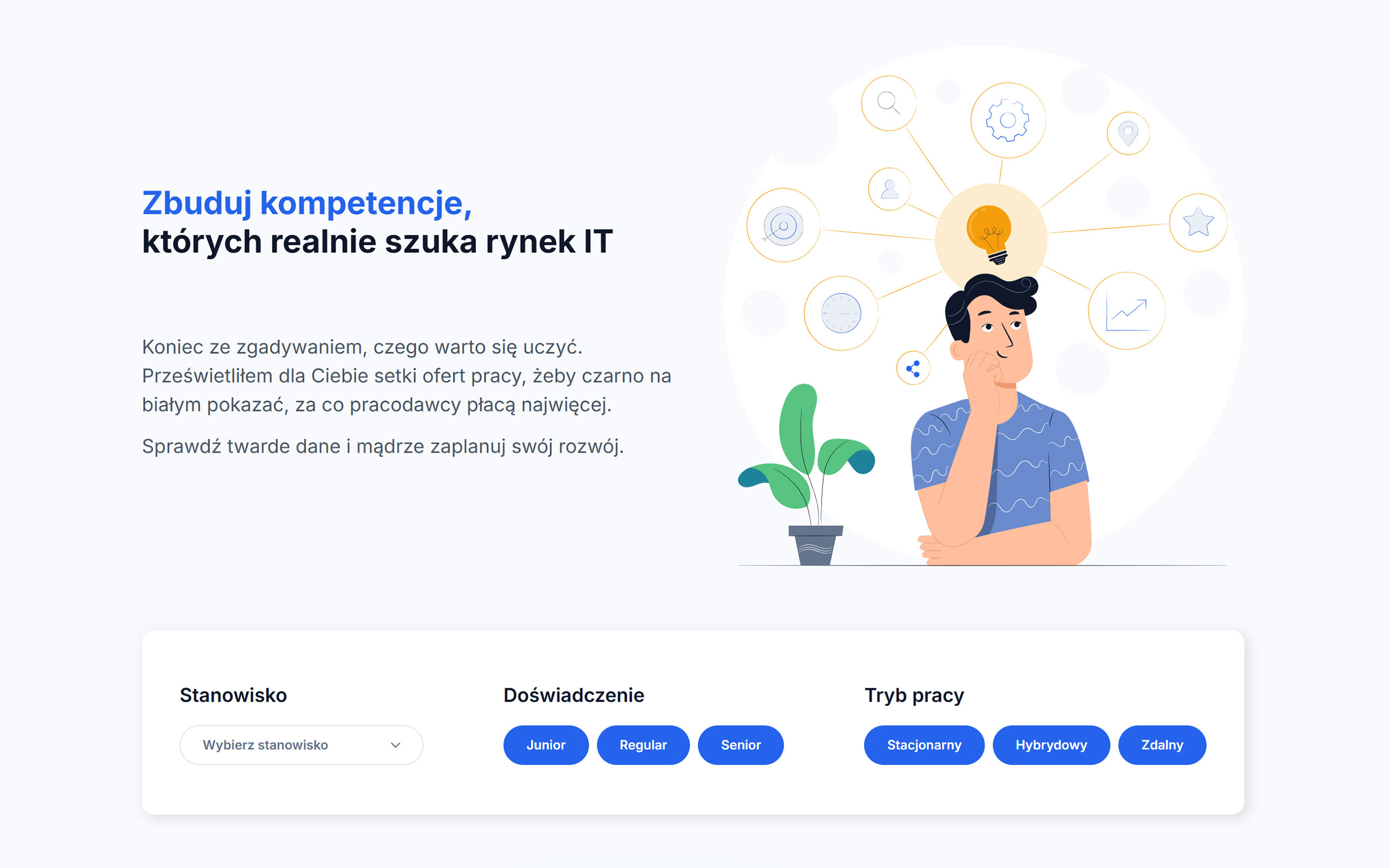 chcedo.it — home page before the iteration: headline with an illustration, filters (role, experience, work mode) in a separate panel below